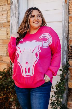 NEON PINK / IVORY OVERSIZED LONGHORN SWEATER PLUS SIZE