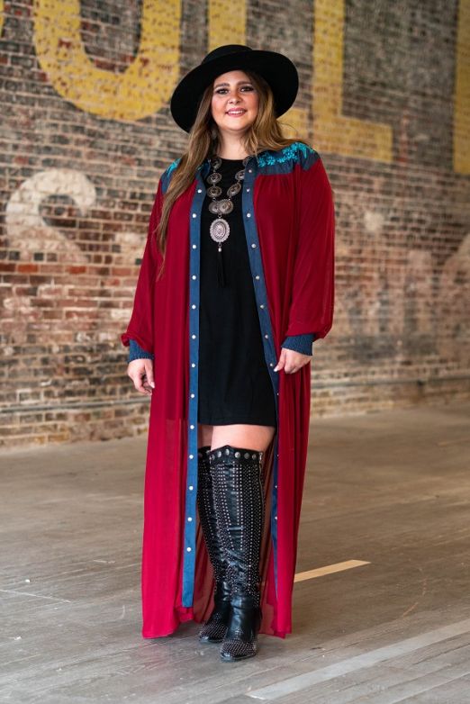 Dark Wash Denim Button Duster With Jade Embroidery/Maroon Mesh Plus Size